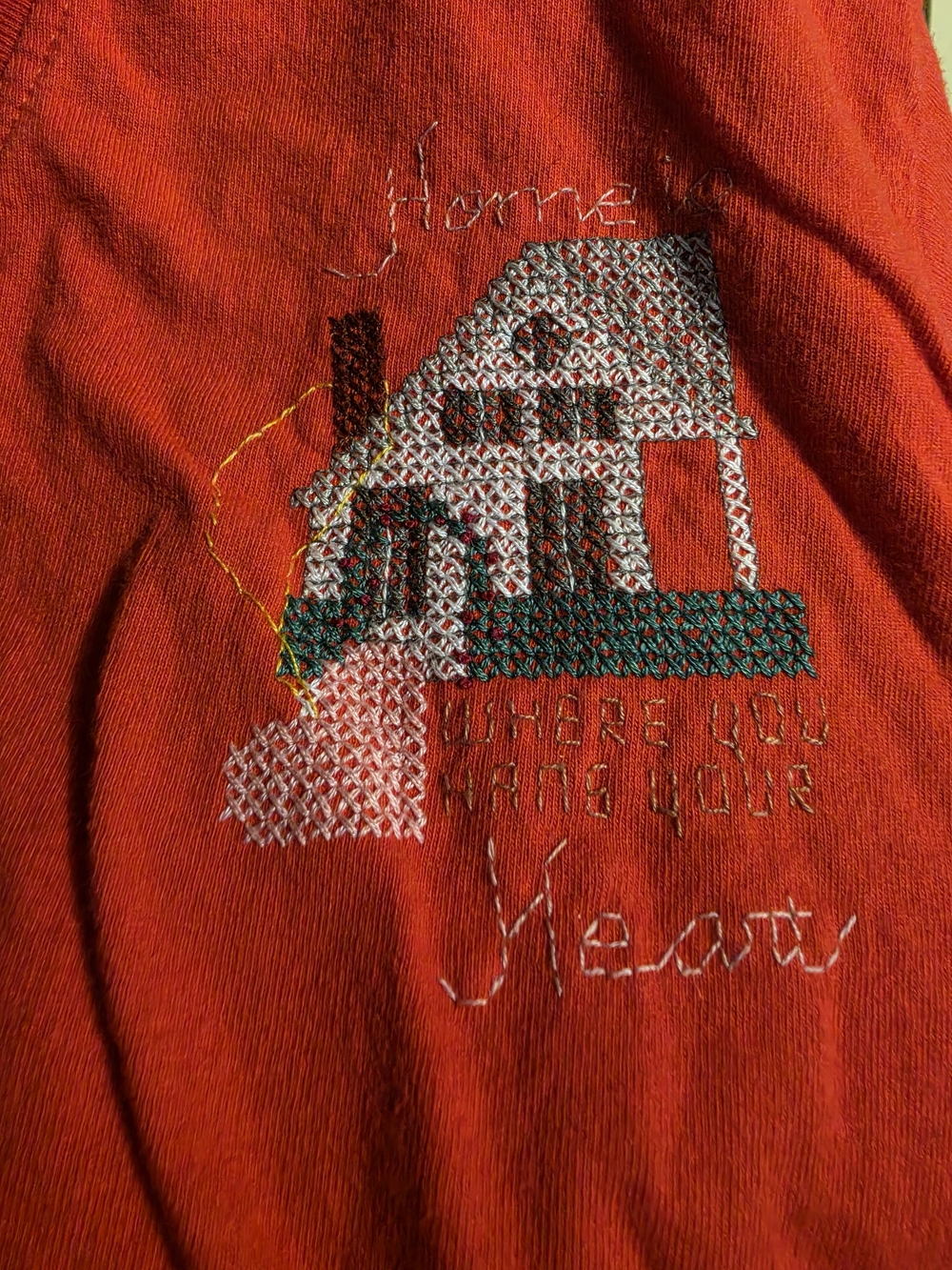 Cross Stitch Short-Sleeve Tee in Red "Home Is Where You Hang Your Heart"